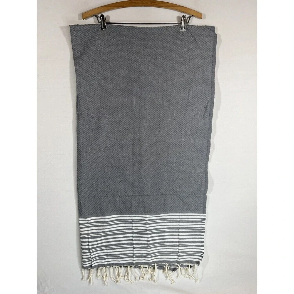 Williams Sonoma Table Runner Gray Stripe Linen Fringe Minimalist Coastal Decor